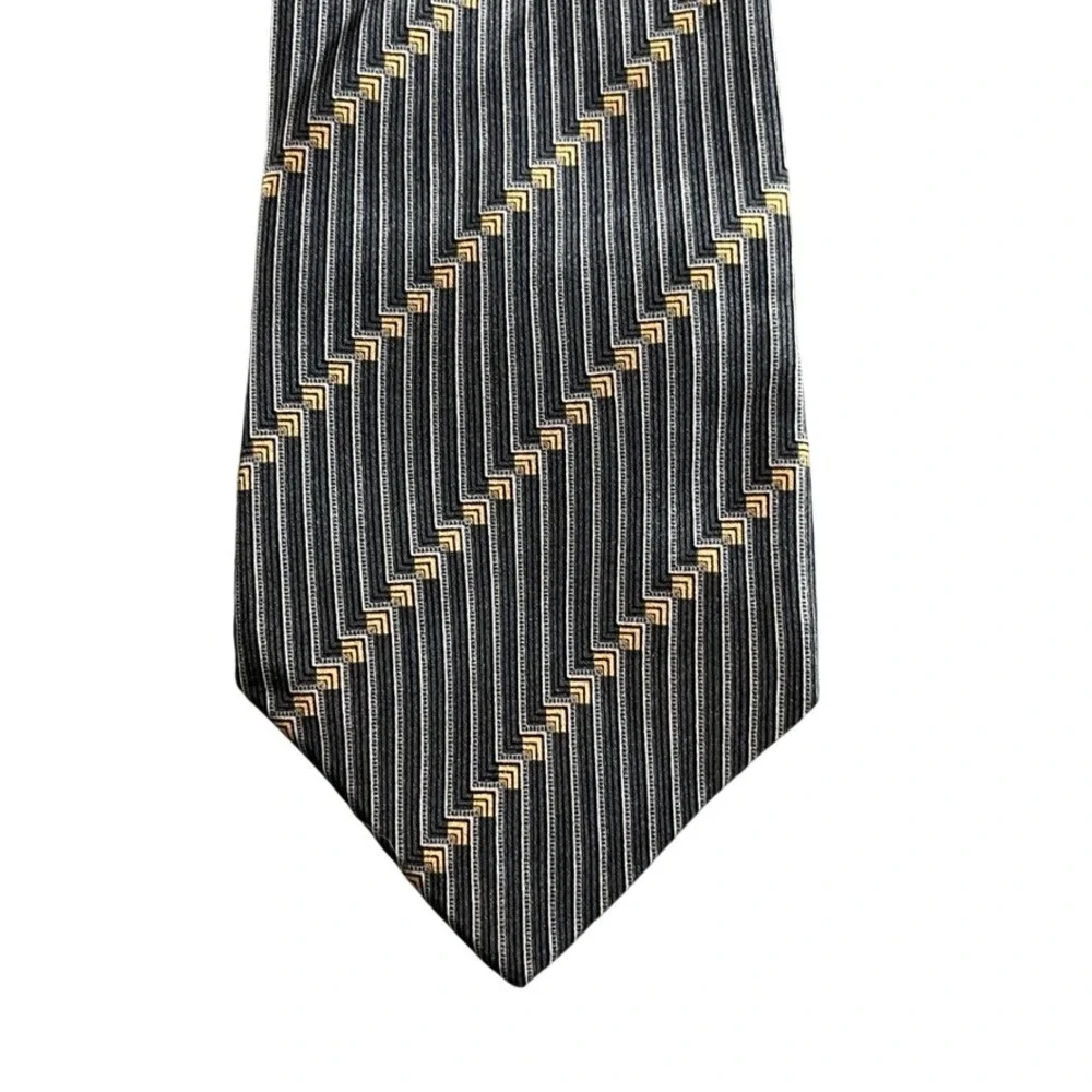 DKNY Mens Silk Necktie Charcoal Grey Gold Geometric Striped Formal Business Tie